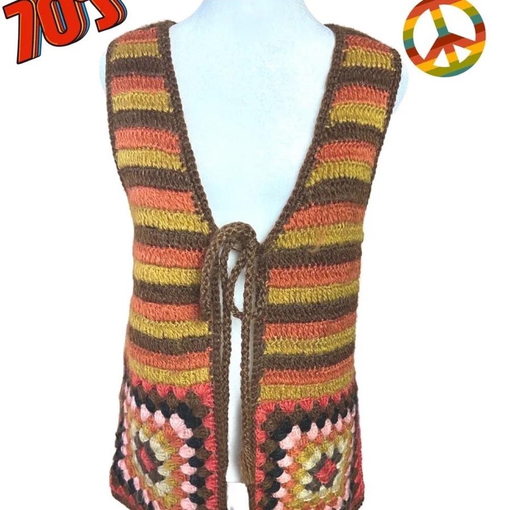 Vintage 60’s 70’s Granny Square Vest Crochet Helen Harper Brown Orange Handmade